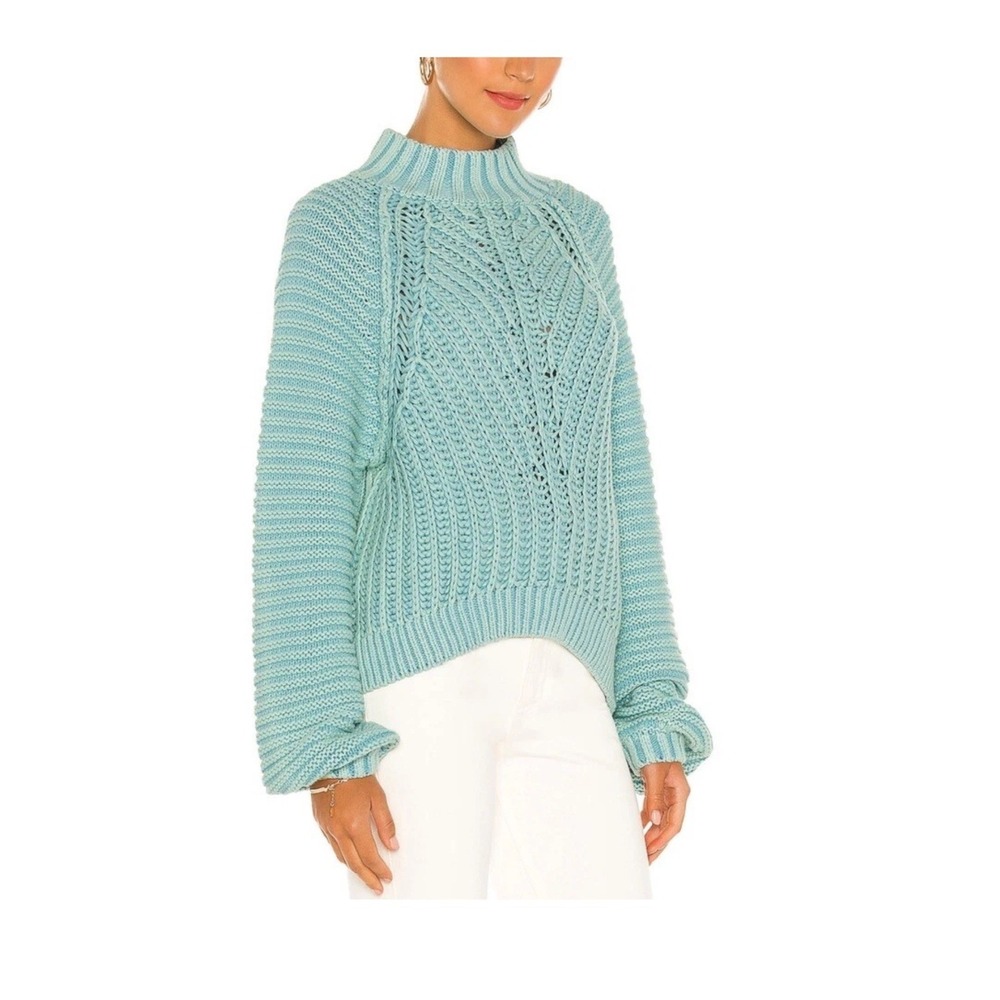 Free People My Only Sunshine Cotton‎ Chunky Knit Mock Neck Sweater Blue Small